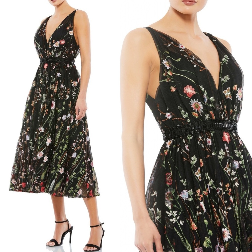 Mac Duggal Floral Embroidered Mesh Tea Length Evening Gown Dress Sz 10 NWT $598